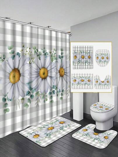 Pastoral Style Daisy Shower Curtain Set - Fresh And Bright Daisies With Plaid Design, Includes Shower Curtain, Bath Mat, Toilet Lid Cover And Non-Slip Bathroom Mat, Adding Natural And Tranquil Atmosphere To The Bathroom
