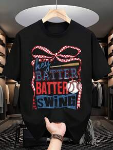 Hey Batter Batter Swing Baseball Graphic T-Shirt For Women Sporty Casual Top Summer Outfit Fun Gift For Baseball Fans, It Is A Perfect T-Shirt To Give To Friends And Family On Any Holiday Or Festive Occasion, 220g - 黑色 - 查看 2