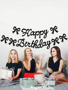 Glitter "Happy Birthday" Pull Flag, Black Bow Tie Happy Birthday Banner, Happy Birthday Party Decoration Pull Flag, Bow Tie Birthday Theme Pull Flag, Bow Tie Birthday Party Decorations - Black - View 6