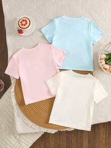 3pcs/Set Girls' Sweet Cute Strawberry Print T-Shirts, Casual Simple Fashion, Suitable For Young GirlDaily Wear And Gatherings, Spring/Summer - Pink - View 2