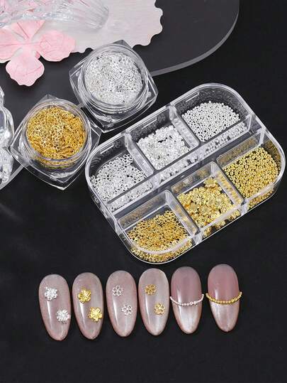 1Box 6 Grids Golden Silvery Flowers And Small Steel Balls Nails Art Charms,2-4mm Mini Five-Petaled Flower Mixed Shaped Steel Ball Jewelry Nail Art Decoration,For Women Manicure DIY Accessories Nail Supplies
