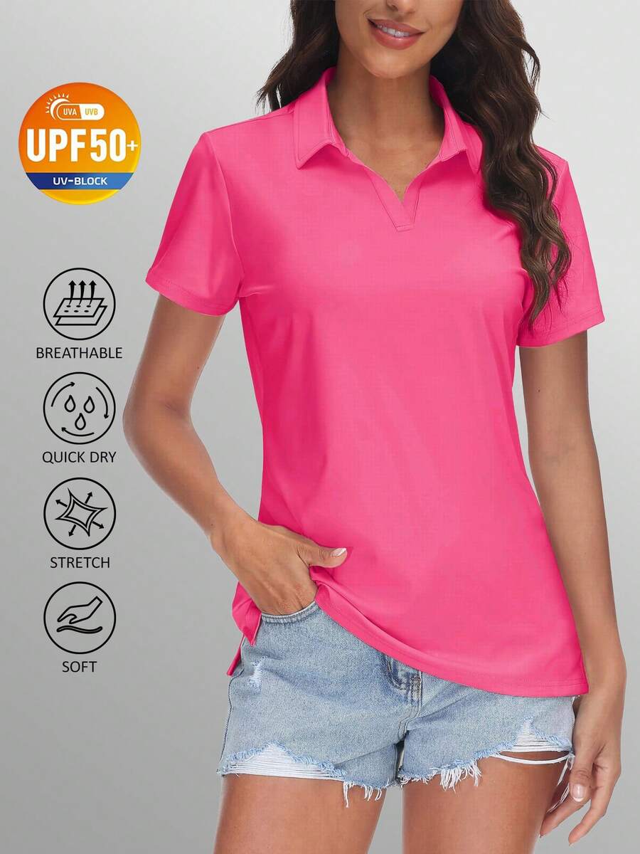 KEFITEVD Women's Golf Polo Shirts V Neck UPF 50+ Collared Short Sleeve Tennis Shirt Lightweight Quick Dry Sun Protection Shirts - 玫紅色 - 查看 1