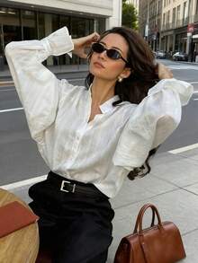 秋季新款甜美清新百搭优雅通勤宽松立领灯笼袖长袖休闲提花衬衫女上衣 - 白色 - 查看 5