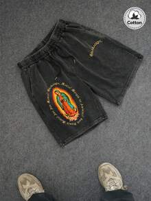 Celana Pendek Pria Model Vintage Baru, Gaya Jalanan Emo dengan Motif Cetak Kasual Keren Warna Hitam dari Katun, Celana Pendek Serbaguna dengan Motif Grafis Inggris, Gaya Y2K Cocok untuk Pemakaian Sehari-hari - Hitam - View 2