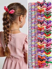 260pcs/Set Girls Simple Basic Princess Hair Scrunchies, Rabbit Ear, Bow Hair Ties, Hair Accessories Combo Set, Suitable For Daily Use And Gift - Multicolor - View 1