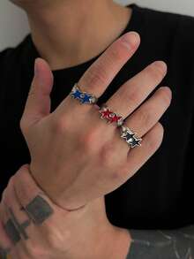 1pc Retro Geometric Arc Drip Oil Five-Pointed Star Charm Metal Open Ring, Rockstar Punk High-End, Casual Minimalist, Street Snap, Daily Holiday Versatile Jewelry Fashion Men's Ring Gift - Ring - View 4