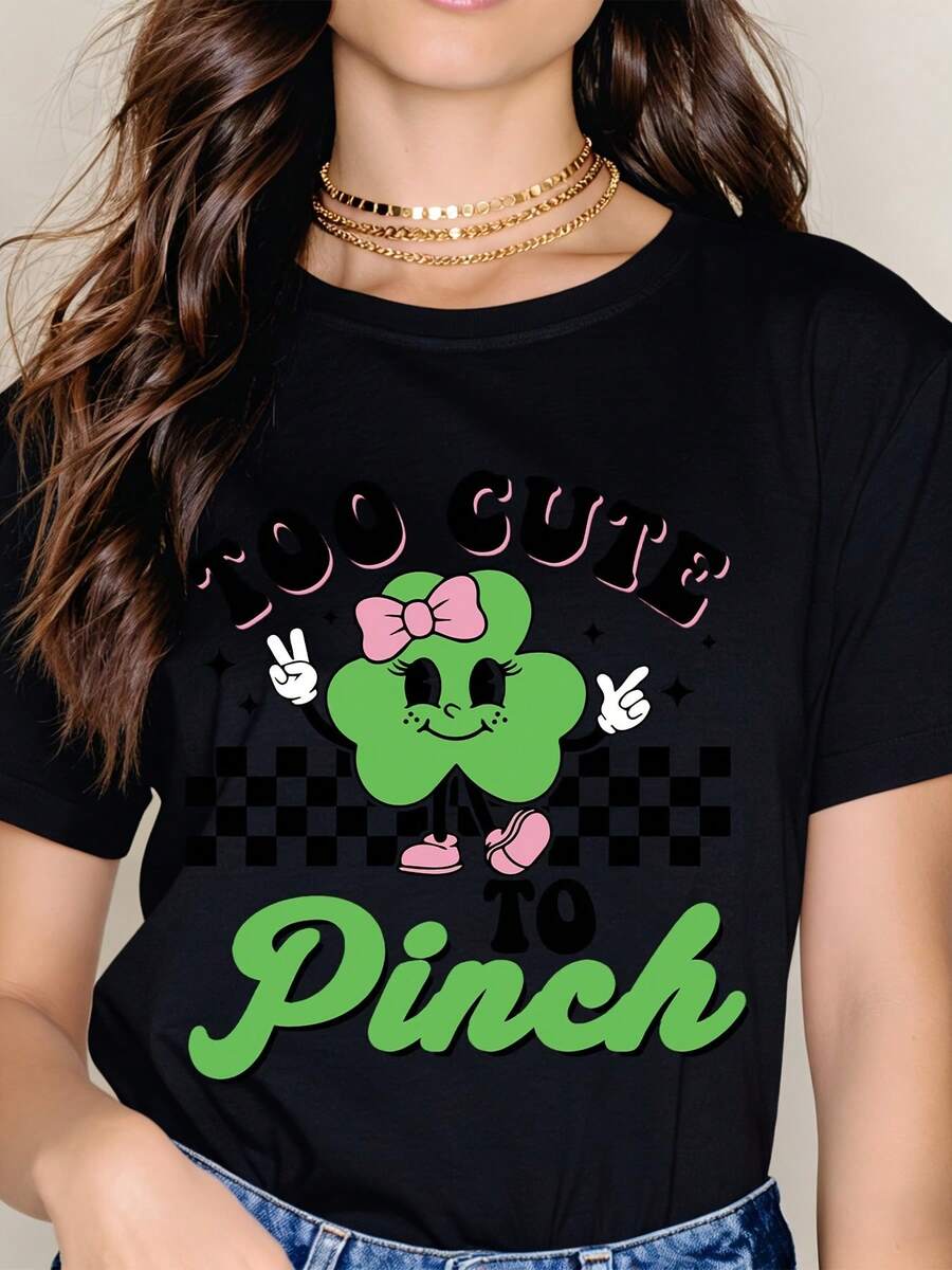 Too Cute To Pinch Shamrock St Patrick's Day T Shirt Women Casual Graphic Tee Funny Lucky Clover Print Top - màu đen - Xem 1