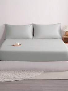 3pcs Solid Color Fitted Sheet Set  With 1pc Fitted Sheet+2pcs Pillow Case Without Filler, Modern Soft Bedding Set For Household Sheet Deep Pocket Up To 15 Inch - 淺灰色 - 查看 1