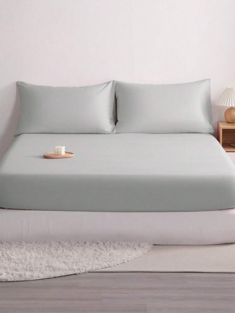 3pcs Solid Color Fitted Sheet Set With 1pc Fitted Sheet+2pcs Pillow Case Without Filler, Modern Soft Bedding Set For Household Sheet Deep Pocket Up To 15 Inch - 淺灰色 - 查看 1