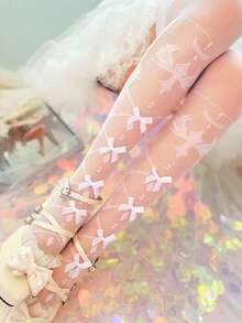 1双洛丽塔风格蝴蝶提花图案过膝袜，轻盈甜美，适合女孩 - 彩色 - 查看 2