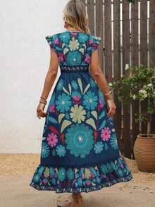 New Autumn Lightweight V-Neck All-Over Cute Leaf & Floral Print Bohemian Casual Pleated Ruffle Hem Waist Splice Maxi Dress, Suitable For Music Festivals, Women's Holidays, Country Music Concerts, Graduation, Parties, Back To School, Teacher's Day, Halloween, Christmas - 藏蓝色 - 查看 3
