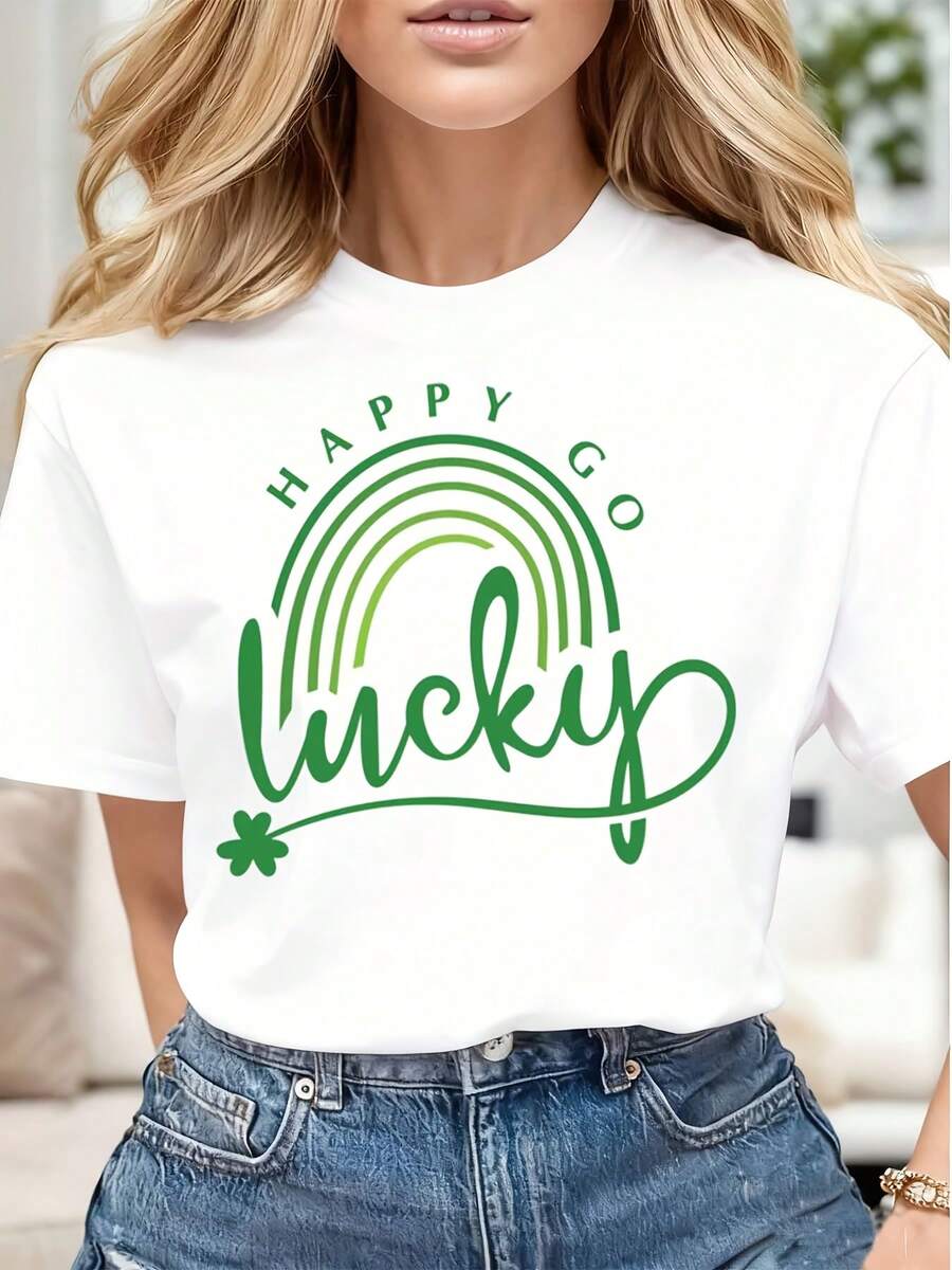 Happy Go Lucky Rainbow Clover Print Women Casual T-Shirt Soft Comfortable Gift For St Patricks Day - trắng - Xem 1