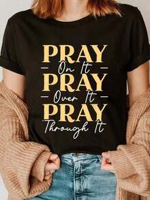 Pray On It Pray Over It Pray Through It Christian Religious T-Shirt - Black - View 1