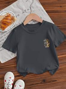 Young Boy Casual Graphic Print Crew Neck Short Sleeve T-Shirt, Summer Top - Dark Grey - View 6