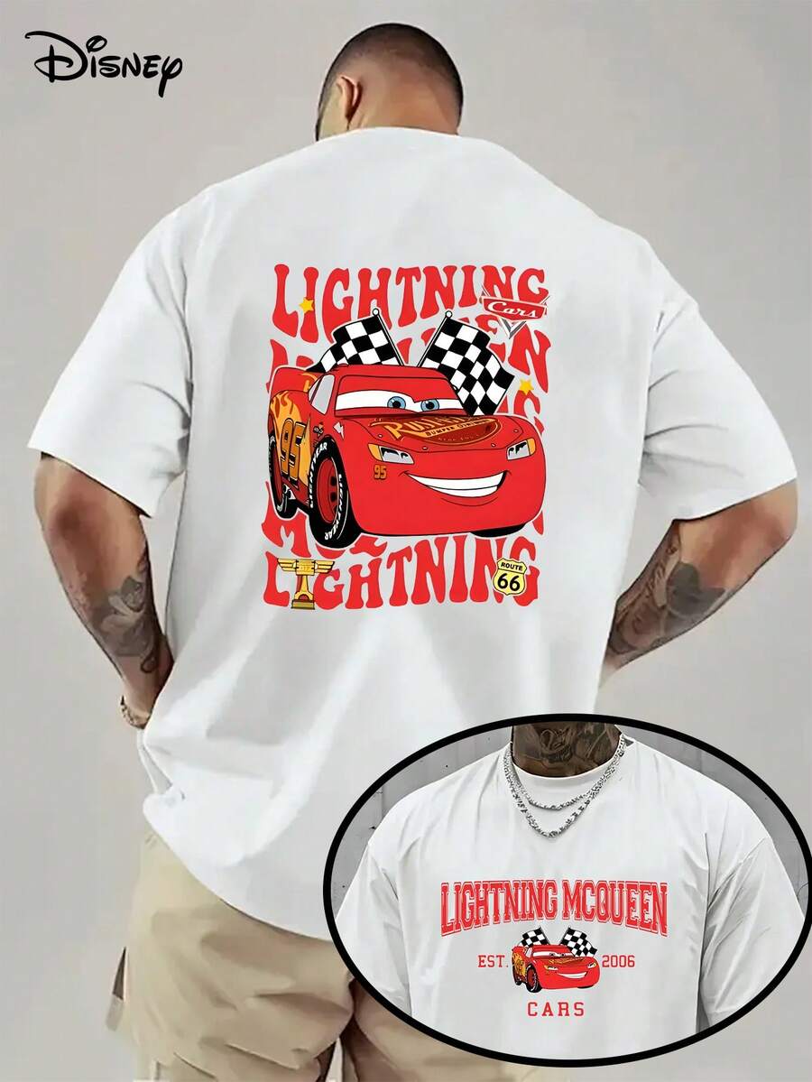 Disney Authorized-Men's Cotton Short-Sleeved T-Shirt, Men's Lightning McQueen 1977 Plaid Flag T-Shirt-Double-Sided Printing, Breathable Summer Red Racing Design Loose Casual White Shirt, Adult Models, Fan Products, Movie-Inspired Clothing, Durable Printing. - trắng - Xem 1
