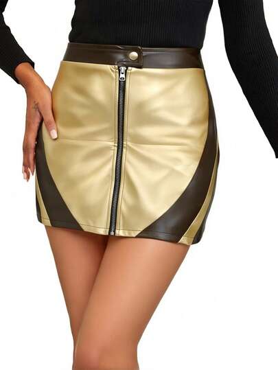 Women's Sexy PU Leather Patchwork Zipper Skirt, Suitable For Evening Date, Beach, Spring/Summer
