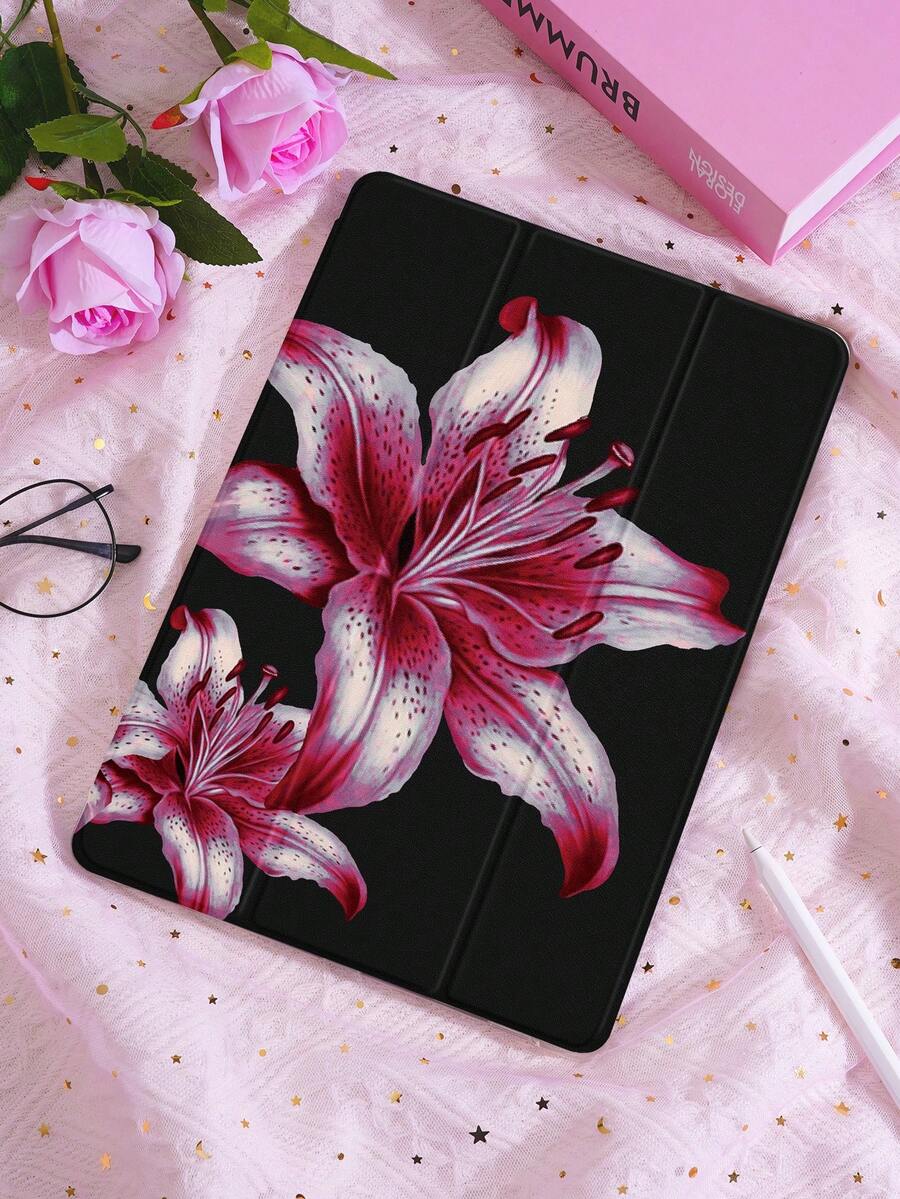 1个黑色背景粉色芙蓉花图案平板电脑保护套，兼容苹果iPad 10.2英寸（2021/2020款）、iPad第九/十代、iPad Pro 11英寸（2025款）、三星Galaxy Tab A8 10.5英寸（2022款）、Matepad 10.4英寸，支持睡眠/唤醒功能，带触控笔插槽，情人节礼物