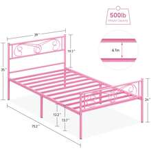 Cama Individual de Metal con Cabecero y Piecero - Base de Plataforma con Listones de Acero, Sin Necesidad de Box Spring | Fácil Armado, Color Rosa, Ideal para Niñas y Adolescentes - Rosa - Ver 2
