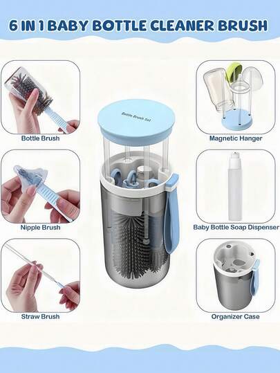 1 Set Portable Bottle Brush Kit, Silicone Bottle & Nipple Brush, Draining Rack, All-In-One Baby Feeding Utensil Care, Convenient Cleaning & Storage Solution For Travel