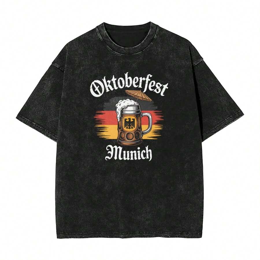 Munich Oktoberfest Washed T Shirt Streetwear Cotton T Shirts Summer O Neck Popular Tee Shirt Pattern Oversized Tops - Black - View 1