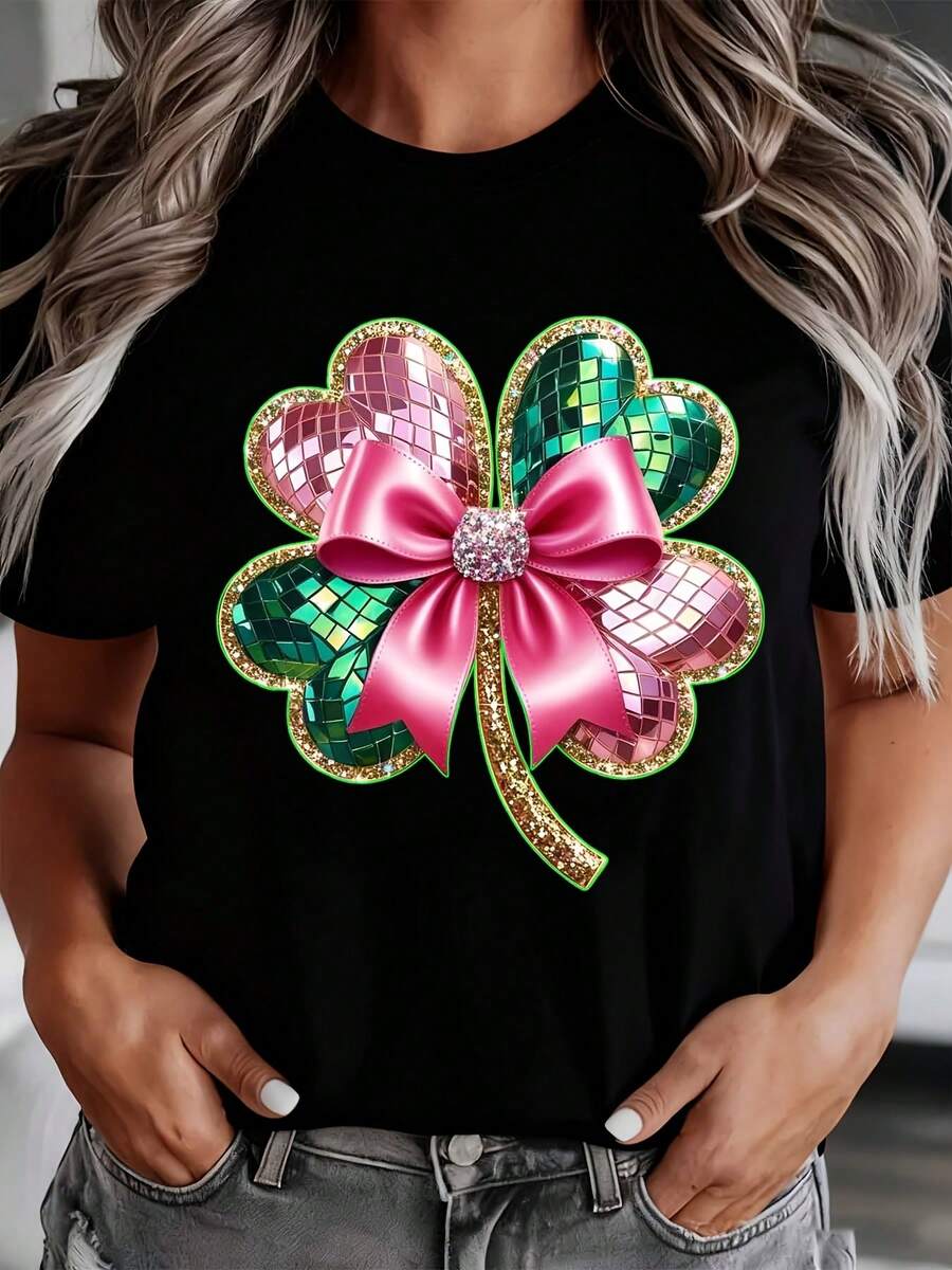 Shamrock Bow Design Graphic T-Shirt St Patrick's Day Celebration Shirt Lucky Charm Print Top, It Is A Perfect T-Shirt To Give To Friends And Family On Any Holiday Or Festive Occasion, 220g - 黑色 - 查看 1