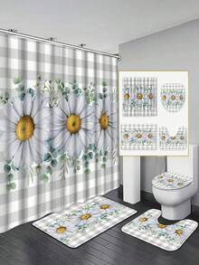 Pastoral Style Daisy Shower Curtain Set - Fresh And Bright Daisies With Plaid Design, Includes Shower Curtain, Bath Mat, Toilet Lid Cover And Non-Slip Bathroom Mat, Adding Natural And Tranquil Atmosphere To The Bathroom - A - View 12