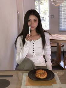 女士拼接荷叶边下摆长袖T恤，独特设计，修身剪裁，适合叠穿，秋季休闲白色春季款 - 白色 - 查看 7