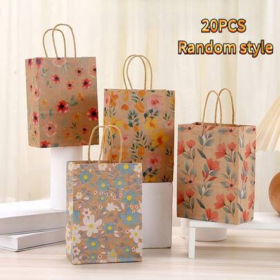 20个花卉植物图案牛皮纸袋 - 装饰性派对礼品袋，适用于婚礼、生日、毕业典礼、乔迁庆典 - 印花购物袋，是节日、生日、感恩节、情人节派对的理想之选