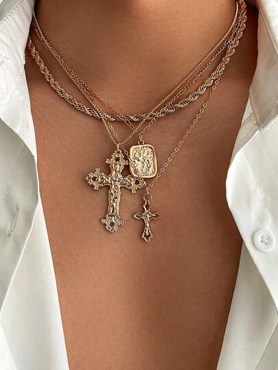 Set de 4 piezas de collar de cadena trenzada con colgante geométrico de cruz cuadrada de estilo gótico punk vintage, diseño de rock y hip hop, estilo callejero, minimalista casual, para fiesta, regalo personalizado unisex