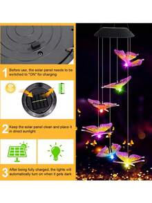 1个太阳能LED蝴蝶风铃灯，变色，防水，蝴蝶造型悬挂式装饰景观照明，防水LED太阳能风铃灯，适用于节日装饰、户外照明、家居花园、圣诞节、与亲朋好友聚会、礼品、花园灯、花园装饰、婚礼装饰、房间装饰、生日、毕业典礼等多种场合。 - 均碼 - 查看 5