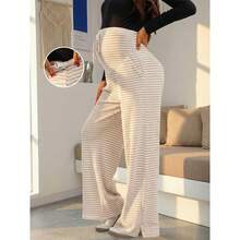 Pantalones rectos de maternidad con rayas elásticas, con cintura ajustable para soporte de vientre, con abertura en el bajo, pantalones anchos para uso diario en casa y al aire libre en verano - Albaricoque - Ver 11