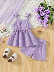 Set 2 buc. pentru fete mici, top cu broderie florală, scobit din buzunar, și pantaloni scurți de culoare uni, ținută de vacanță și casual - Mov Mov - Vizualizare 3