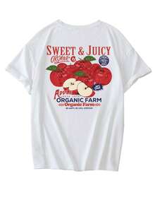 夏季新款简约ins风有机农场苹果印花休闲圆领短袖T恤，时尚百搭女式上衣 - 白色 - 查看 3