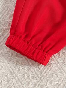 2件套女童休闲碎花圆领上衣和松紧腰工装裤套装，春夏款 - 紅色 - 查看 7