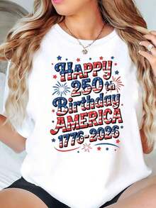 Happy 250th Birthday America 1776 2026 Patriotic Stars And Stripes Print Women Plus Size T Shirt Round Neck Casual Loose Fit For Independence Day Celebration Gift 220g - 白色 - 查看 1