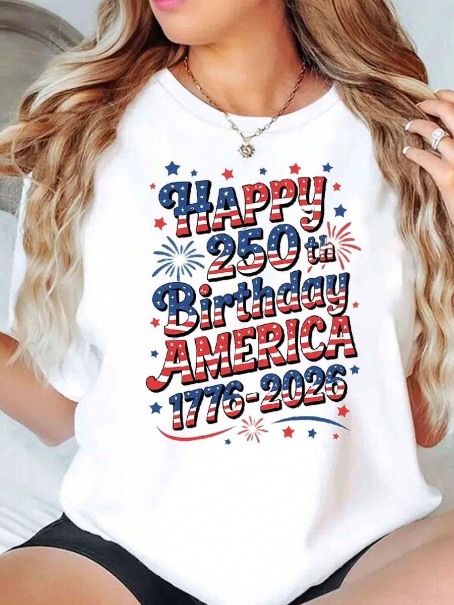 Happy 250th Birthday America 1776 2026 Patriotic Stars And Stripes Print Women Plus Size T Shirt Round Neck Casual Loose Fit For Independence Day Celebration Gift 220g - 白色 - 查看 1