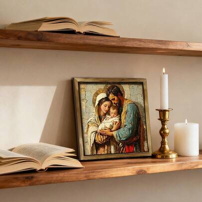 1pc Vintage Jesus And Lamb Wooden Sign, Religious Theme, 8x8 Inches, Cross Design, Suitable For Home, Cafe, Bathroom, Bedroom Decor, Easter Decoration