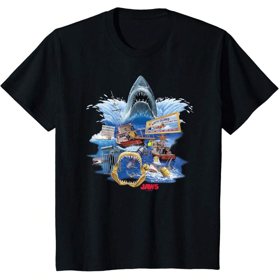 Camiseta de collage de póster de Jaws - Negro - Ver 1