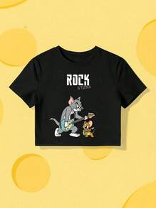 Whysmera SHEIN X Tom & Jerry 女士短款圆领印花衬衫 - 可爱时尚，适合日常穿着 - 黑色 - 查看 1