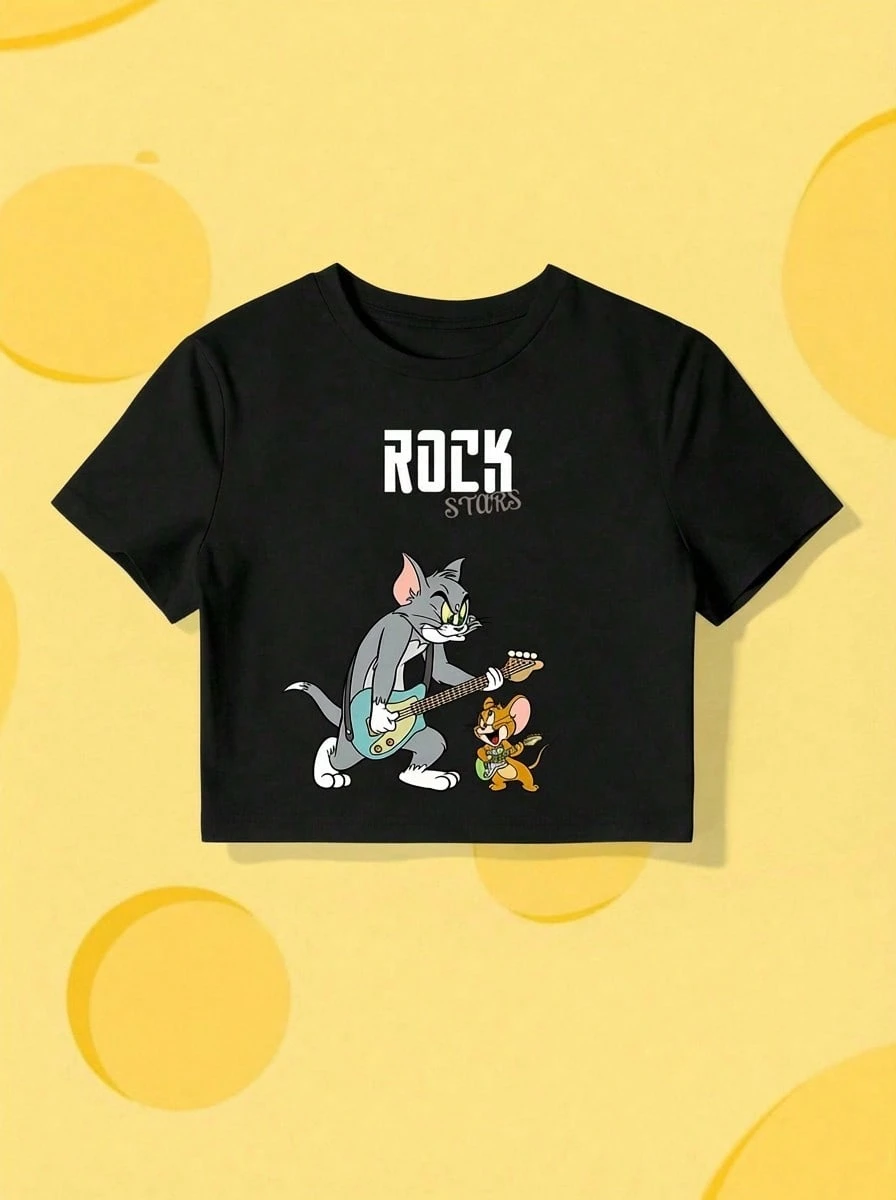 Whysmera SHEIN X Tom & Jerry 女士短款圆领印花衬衫 - 可爱时尚，适合日常穿着 - 黑色 - 查看 1