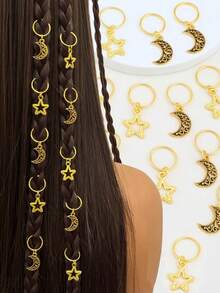 10 piezas Anillos de cabello con luna y estrella vintage, adecuados para festivales, fiestas, uso diario, versátiles y de moda para mujeres, accesorios para el cabello, accesorios para la cabeza, pinzas de garra, pasadores de cabello - Multicolor - Ver 1