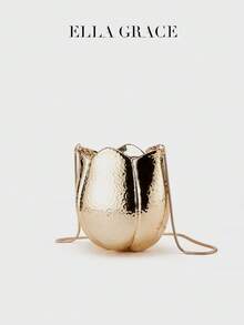 ELLA GRACE- Gold Metallic Tulip Flower Shaped Clutch Bag Hammered Texture Chain Evening Mini Purse Elegant Party Wedding Novelty Shoulder Bag Handbag - 金色 - 查看 8