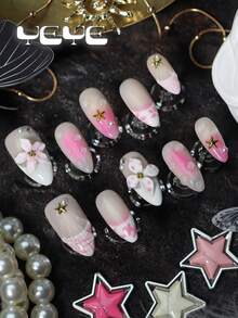 10 Peças Unhas Postiças Amendoa, Base Nude, Ponta Francesa, Branco Rosa, Degradê, Flor 3D, Gota d'Água, Estrela Dourada, Pérola, Conjunto de Unhas Postiças Japonesas de Cobertura Total com Encantos, Suprimentos de Unhas para Mulheres e Meninas, para Festa, Uso Diário, Casamento, Suprimentos de Unhas Doces Feitas à Mão - Rosa Bebê - Visão 4