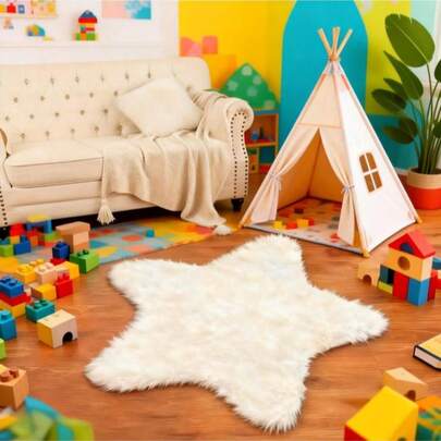1pc Star-Shaped White Faux Wool Rug, Thickened Plush Sofa Mat, Interesting Design, 1-5cm Trimming Tolerance, Soft Decorative Carpet, Bedroom Decor, Pet Mat, Rug, Home Decor, Living Room Rug, Bedroom Rug, Living Room Home Decor, Outdoor Rug, Washable Rug, Fleece Rug