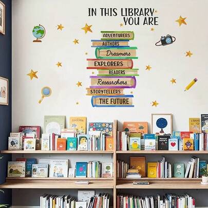 1pc Back To School Essential | Library/Study Room Wall Decor Sticker, School Classroom Inspirational Wall Decal, Brighten Up Reading Space | "In This Library" Motivational Wall Sticker, Back To School Library/Study Room Wall Art Decal, Elevate Campus Atmosphere!