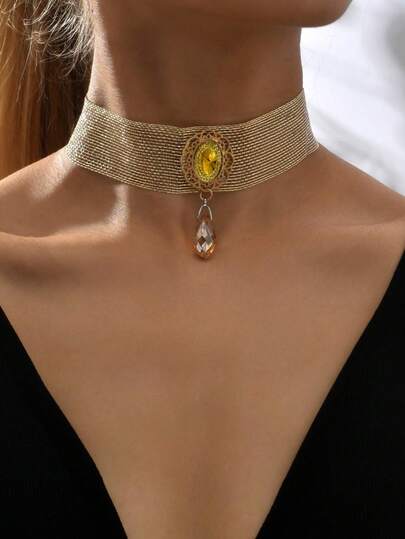 Nuevo Llegada Estilo Europeo y Americano Collar de Encaje Dorado con Colgante de Lágrima, Collar de Encaje Negro con Colgante de Mariposa, Collar Gargantilla Versátil para Mujer