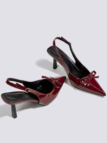 女士酒红色蝴蝶结高跟鞋，高跟浅口鞋，派对/婚礼高跟鞋，玛丽珍鞋，正式礼服鞋，尖头套脚高跟鞋 - 酒紅色 - 查看 4