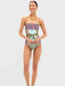 2026 Summer Beach Allover Print Backless One Piece Swimsuit,Elegant,Valentine's Day,Beach,Vacation,Carnival,Casual,Chic,Summer Outfits,Summer Holiday Outfits,Spring,Valentine Outfits For Women,Carnival. - Màu xanh lam - Xem 6