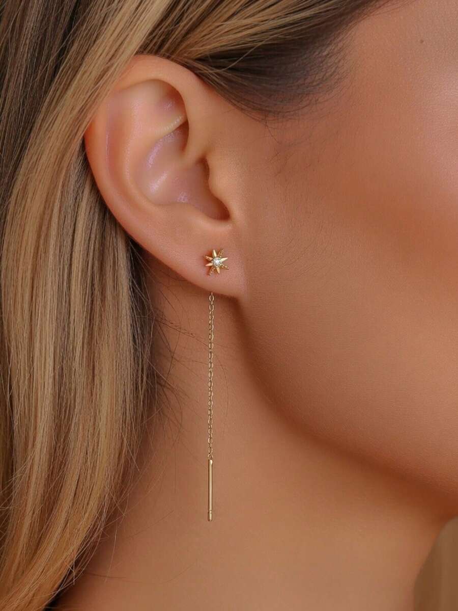 1 Pair Micro-Inlaid Zirconia Star Pendant Tassel Pierced Earrings - Yellow Gold - View 1