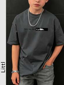 男童及青少年休闲印花圆领短袖T恤，夏季上衣 - 深灰色 - 查看 1